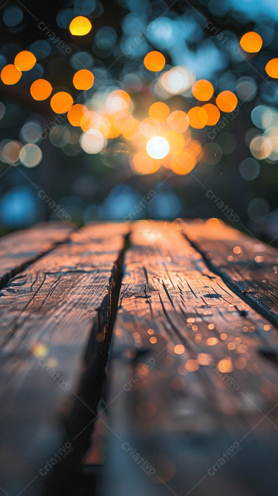Mesa de madeira rústica com luzes bokeh laranja ao entardecer