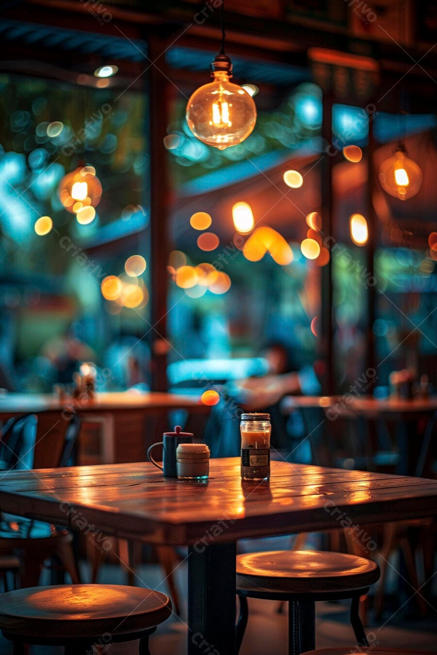 Mesa de madeira em café acolhedor com luzes quentes e bokeh noturno