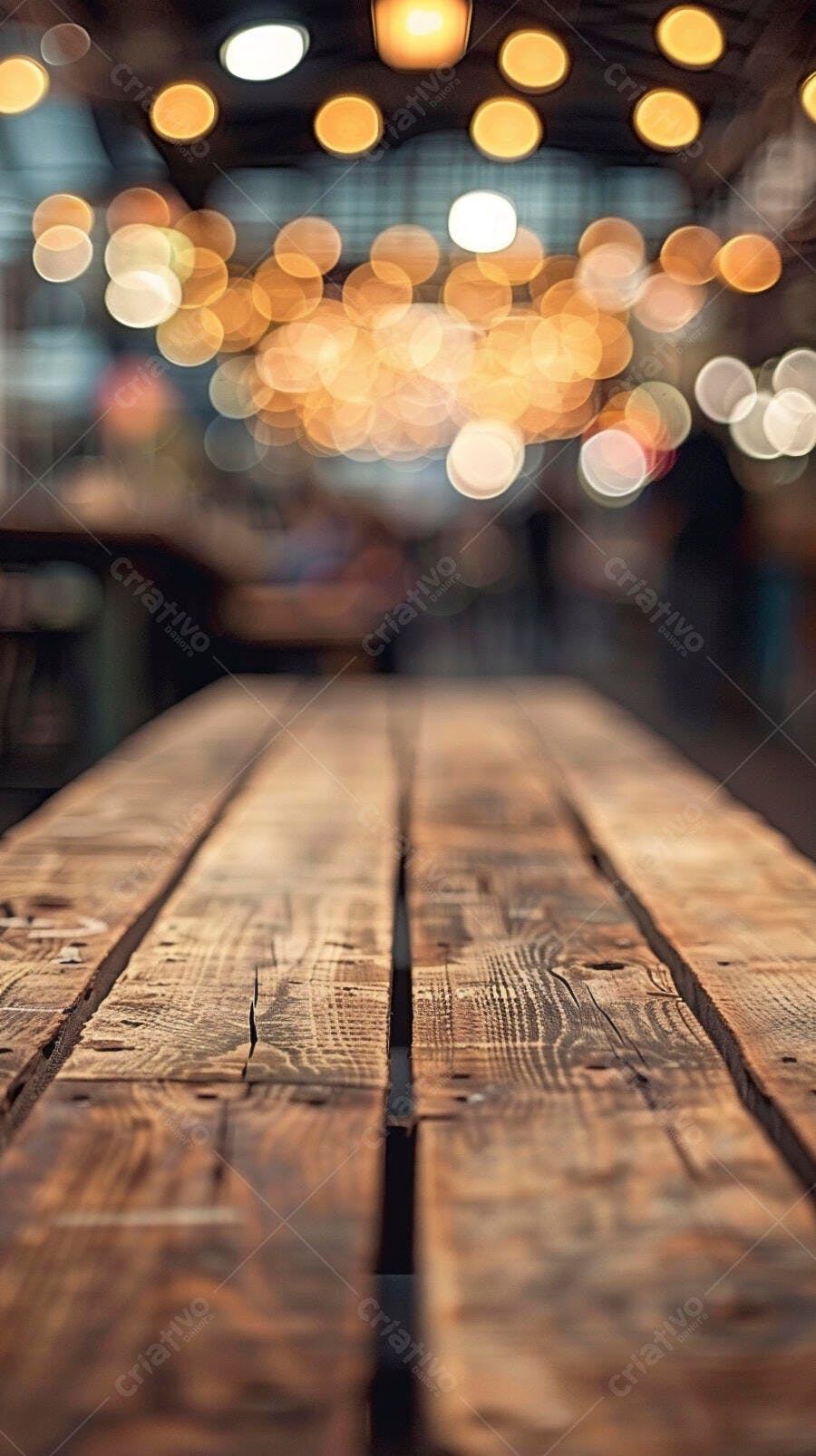 Mesa de madeira rústica com fundo de luzes bokeh quentes e suaves