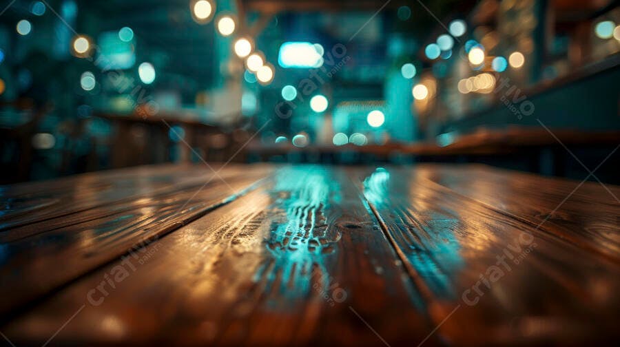Mesa de madeira rústica com luzes bokeh azuis e douradas em ambiente noturno