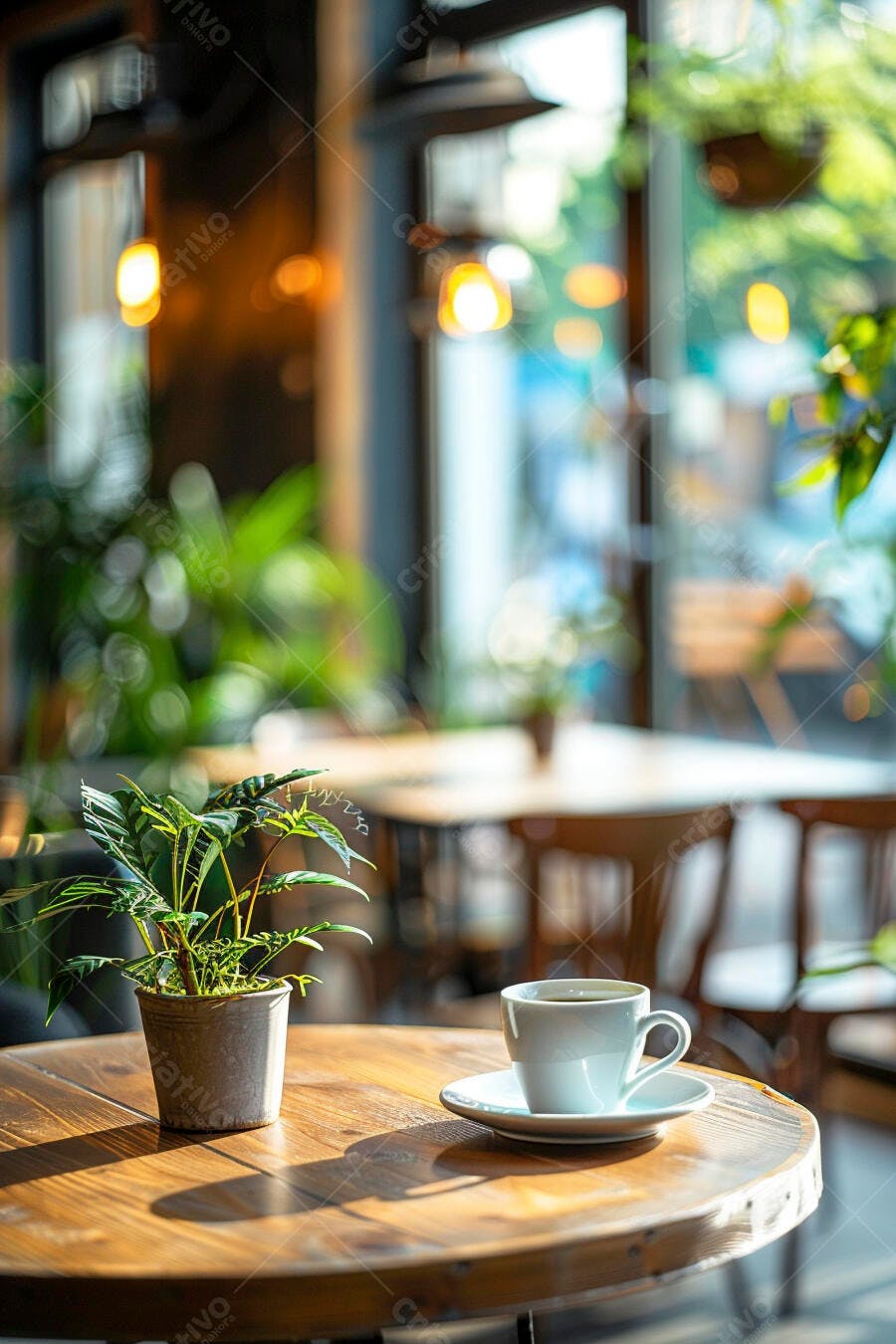 Xícara de café com planta em mesa de madeira rústica em cafeteria