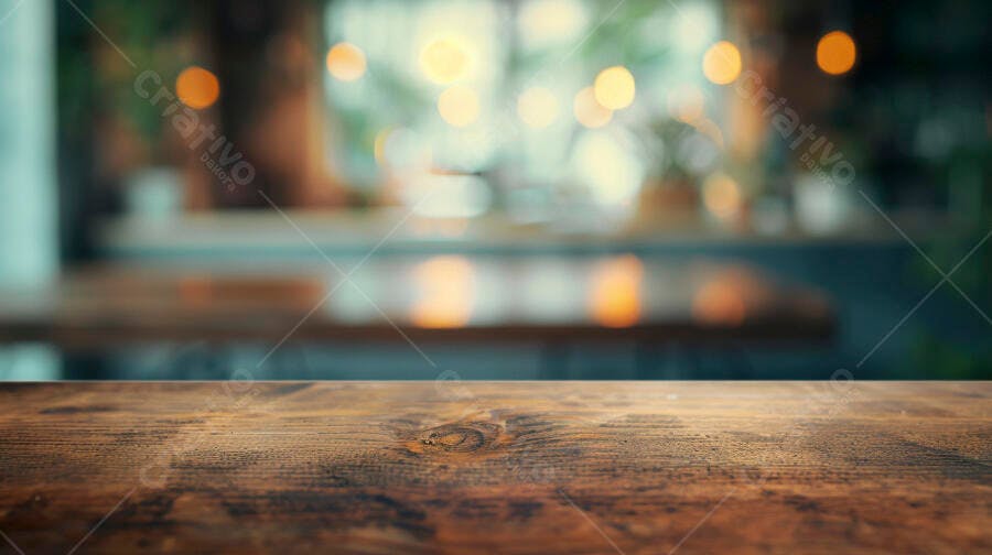 Mesa de madeira rústica com fundo bokeh de café ou restaurante