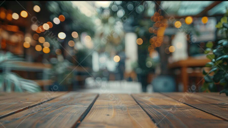 Mesa de madeira rústica com fundo bokeh de luzes quentes noturnas em café ao ar livre