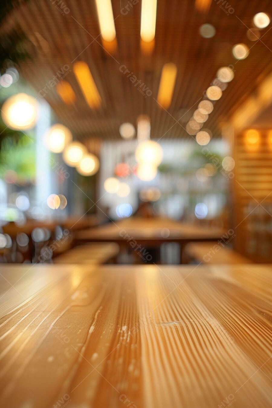 Mesa de madeira vazia em restaurante com luzes bokeh aconchegantes