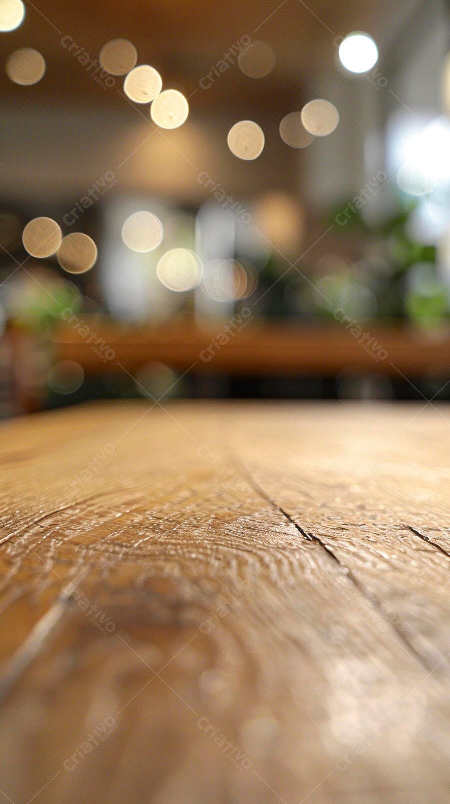 Mesa de madeira rústica com luzes bokeh douradas e ambiente acolhedor