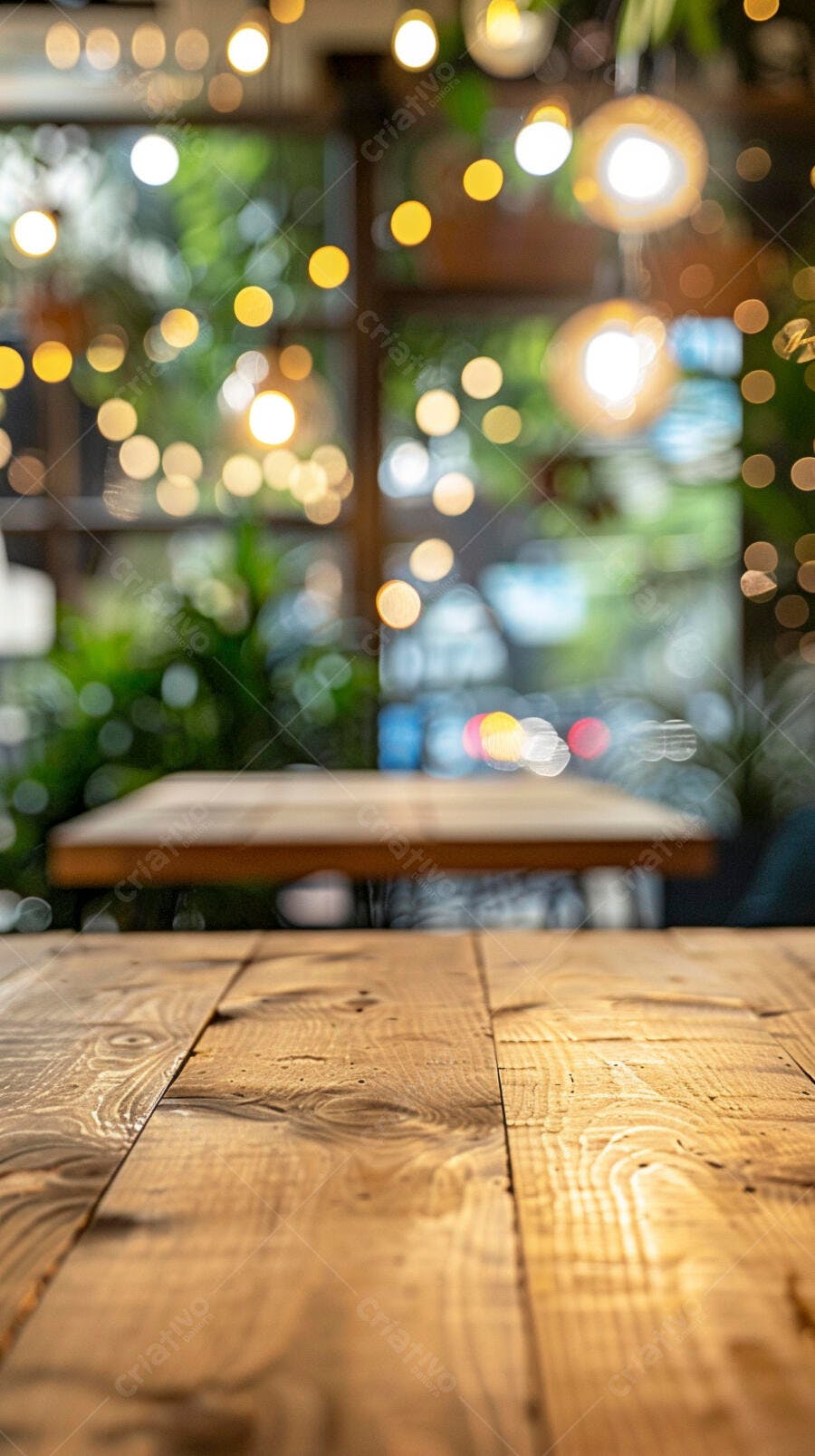 Mesa de madeira vista de perto com luzes bokeh quentes em cafeteria desfocada