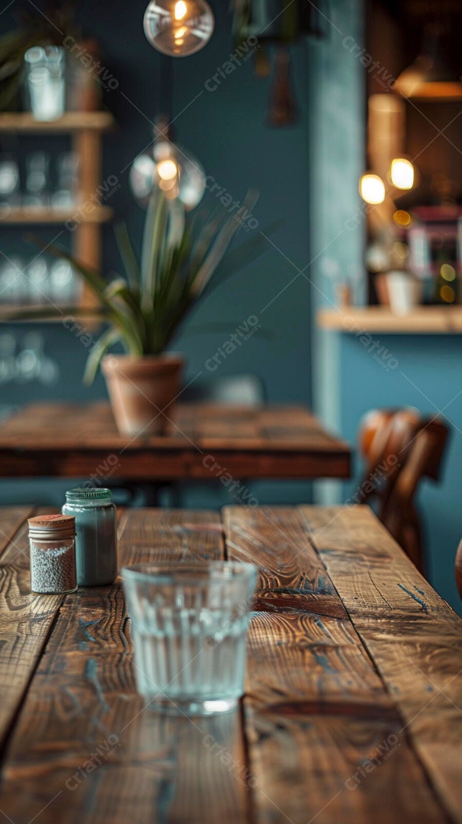 Mesa de madeira rústica em café acolhedor com luzes quentes e planta verde
