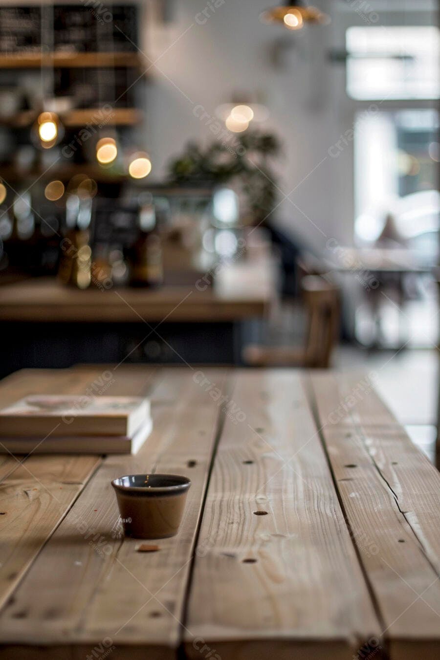Mesa de madeira rústica com xícara e livros em cafeteria aconchegante