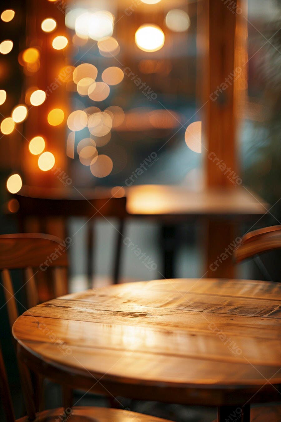 Mesa redonda de madeira e cadeiras em café com luzes bokeh douradas