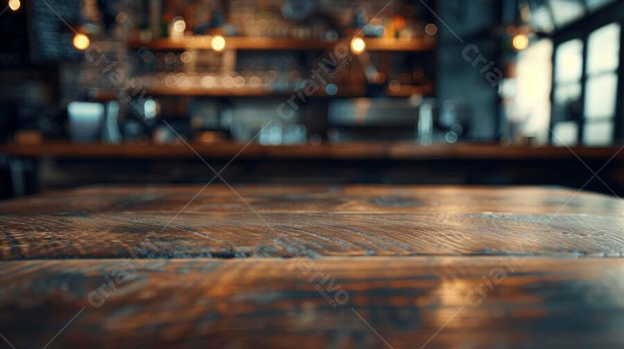 Mesa de madeira rústica escura em interior de bar restaurante com luzes quentes