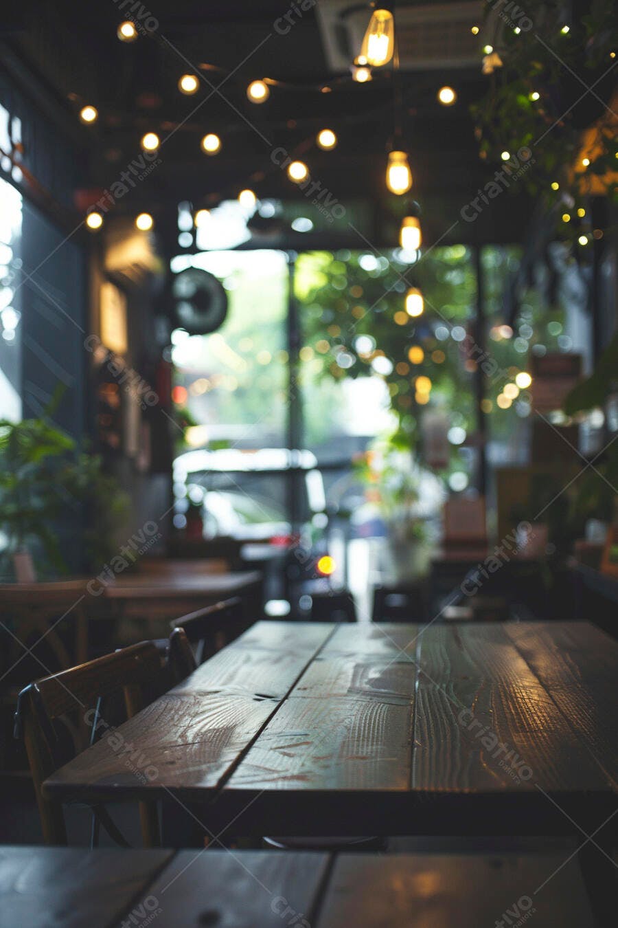 Mesa de madeira rústica em café aconchegante com luzes mornas