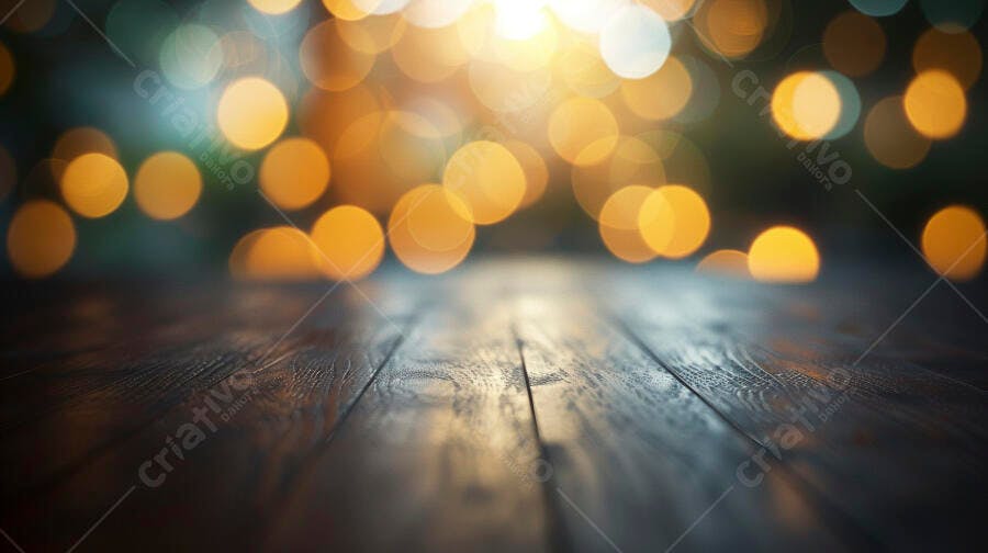 Fundo de mesa de madeira rústica com luzes bokeh douradas