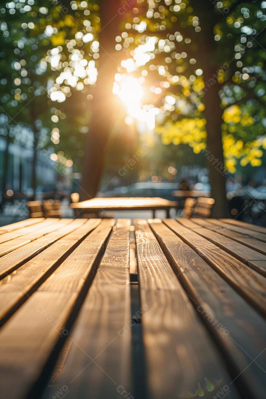 Mesa de madeira em café ao ar livre com sol dourado e folhas verdes