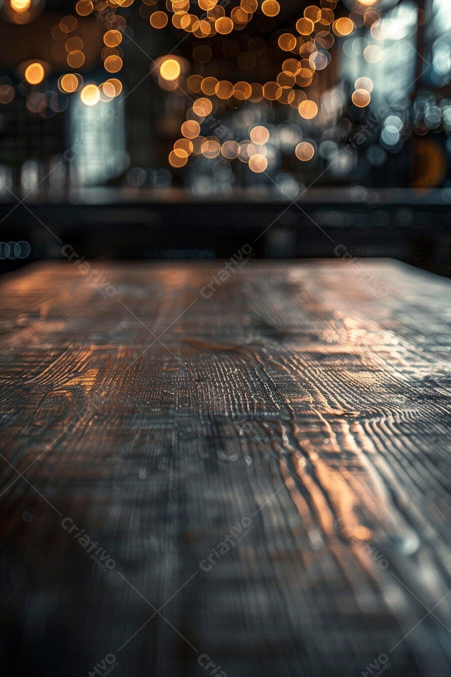 Mesa de madeira rústica com luzes bokeh douradas ao fundo