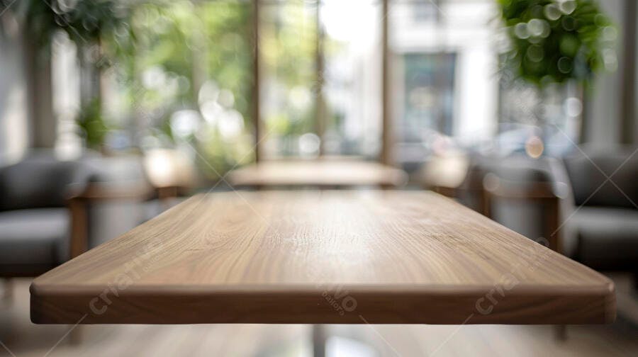 Mesa de madeira em café moderno com luz natural e fundo verde desfocado