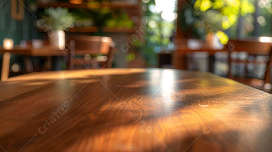 Mesa de madeira vazia em café com luz natural da manhã