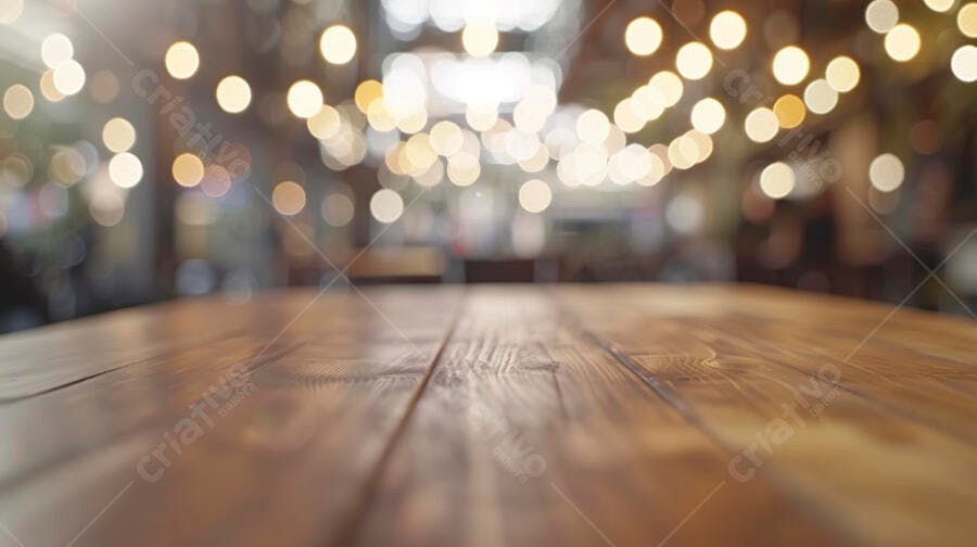 Mesa de madeira rústica com luzes bokeh desfocadas em ambiente aconchegante
