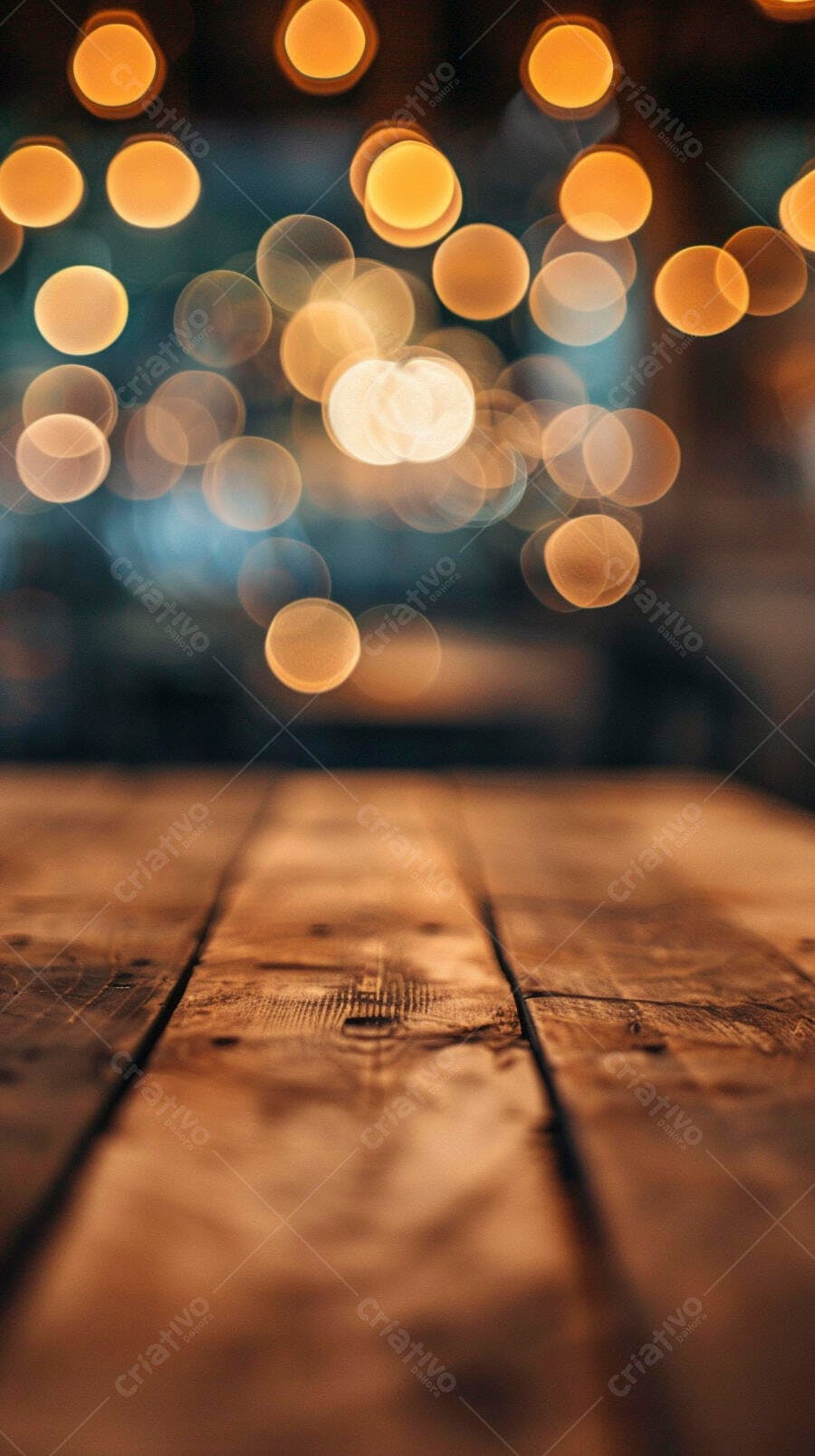 Luzes bokeh douradas sobre mesa de madeira rústica em ambiente aconchegante