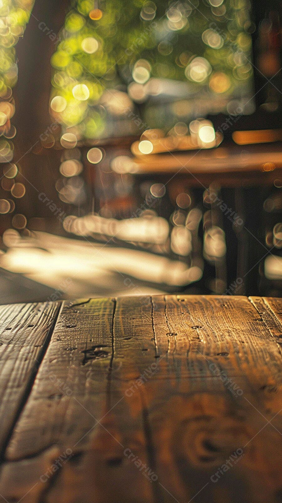 Tábua de madeira rústica com bokeh dourado ao entardecer