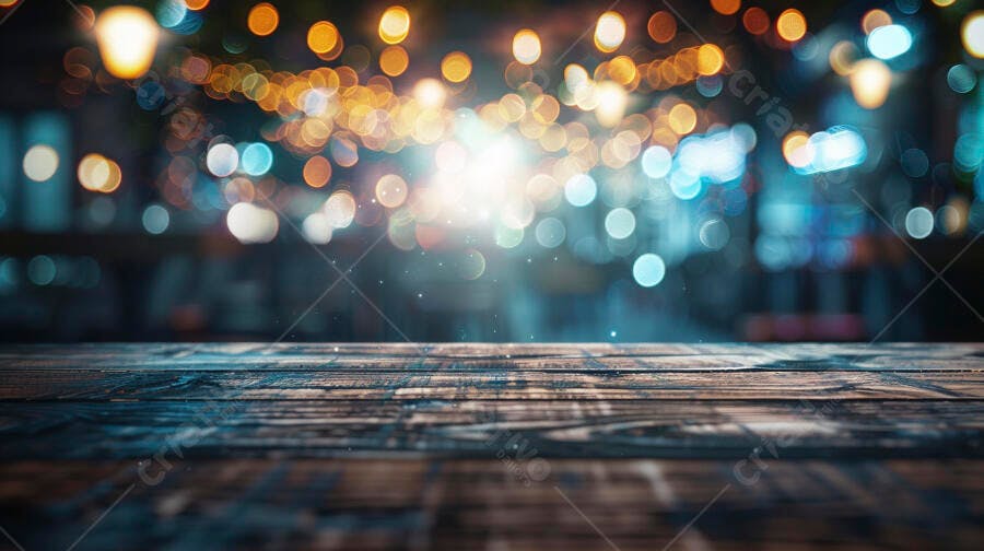 Mesa de madeira rústica com luzes bokeh coloridas e brilhantes ao fundo noturno