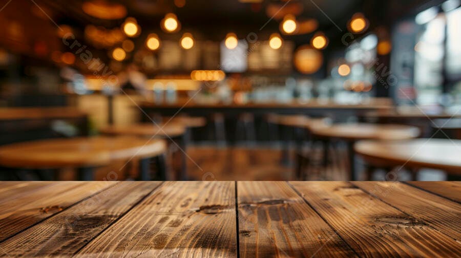 Mesa de madeira rústica em café com fundo desfocado e luzes quentes