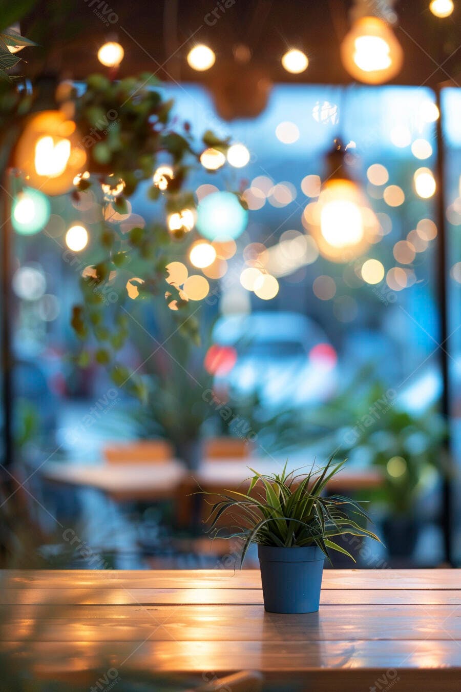 Planta verde em vaso azul sobre mesa de madeira com luzes bokeh