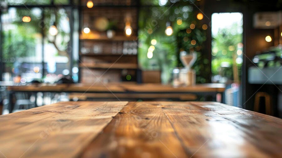 Mesa de madeira rústica em café borrado à luz ambiente