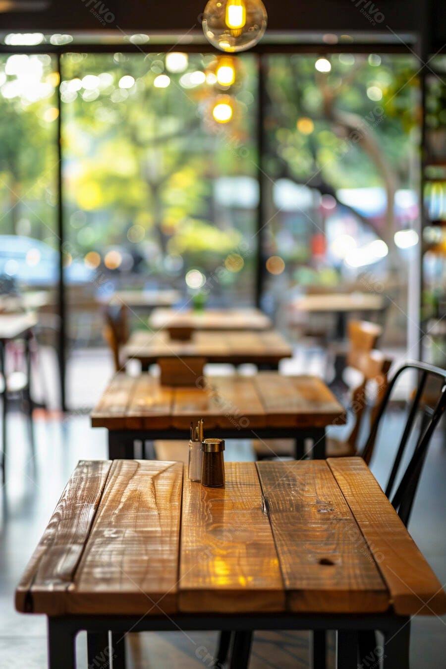 Mesas de café vazias com luz quente e vista para a rua