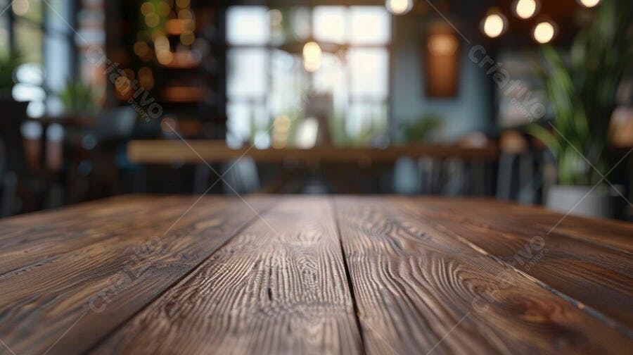 Mesa de madeira rústica em café com luzes bokeh e plantas