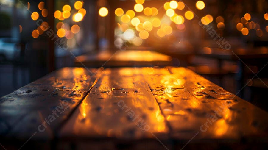 Mesa de madeira rústica com reflexos de luzes bokeh na noite aconchegante