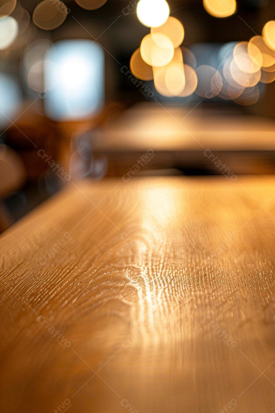Superfície de mesa de madeira com luzes bokeh e iluminação suave