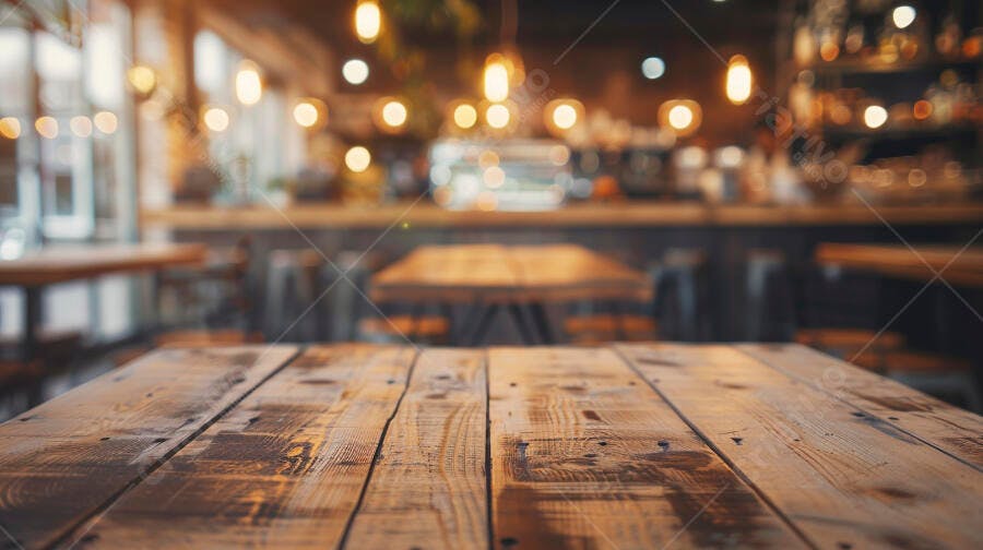 Mesa de madeira rústica em bar com luzes bokeh e ambiente acolhedor