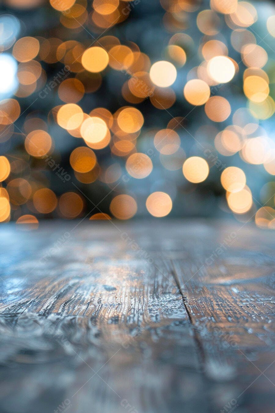Fundo de madeira rústica com luzes bokeh douradas e azuis