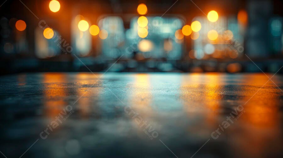 Luzes bokeh laranja e azul refletindo em superfície escura desfocada
