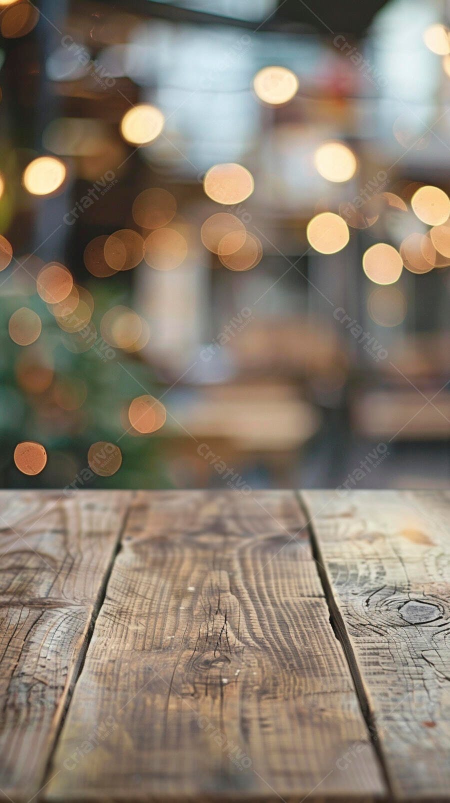 Mesa de madeira rústica com fundo desfocado de luzes bokeh douradas e quentes