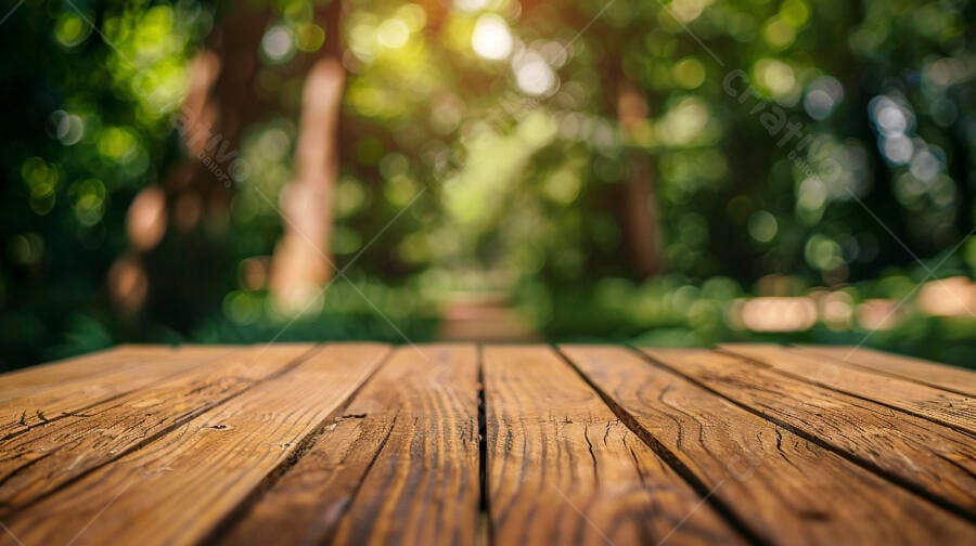 Mesa de madeira rústica no parque com fundo bokeh verde e luz solar