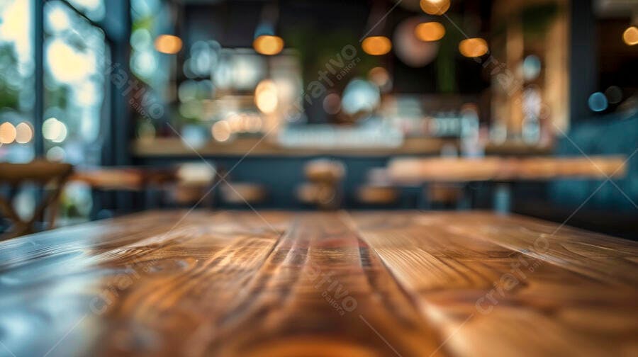 Mesa de madeira rústica em café com luzes bokeh no fundo