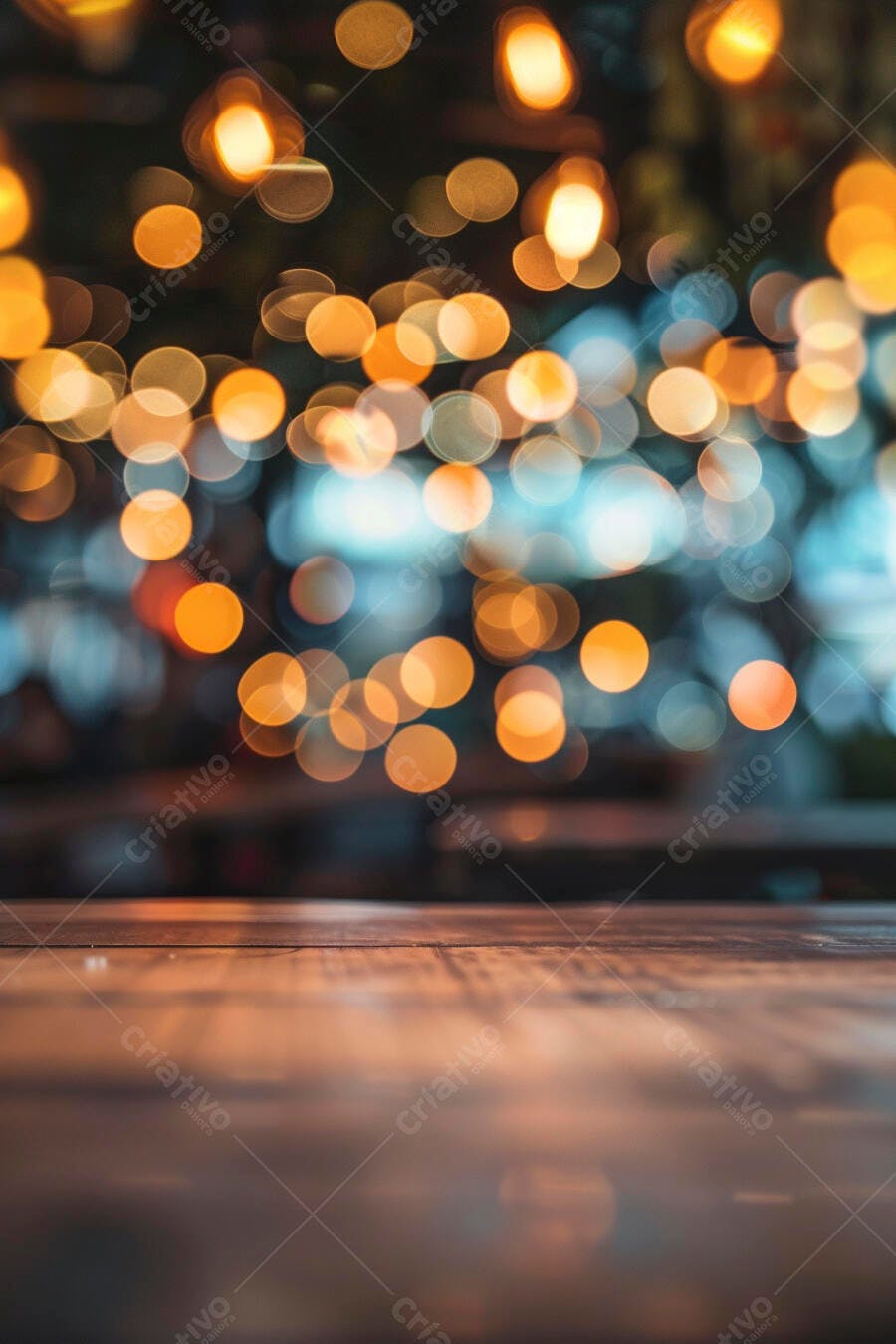 Luzes bokeh laranja e azuis em fundo desfocado com mesa de madeira