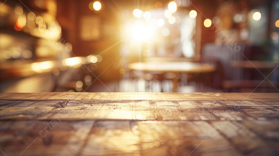 Mesa de madeira rústica com fundo de bar desfocado e luz quente