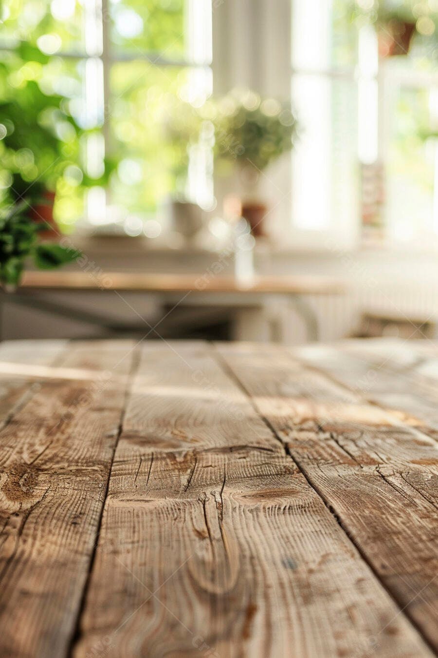 Tábuas de madeira rústica mesa em cozinha luminosa com plantas