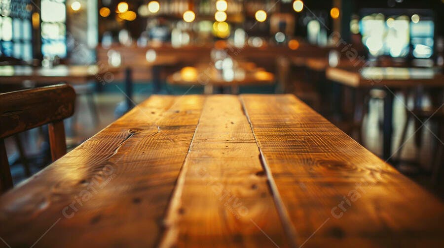 Mesa de madeira vazia em restaurante ou bar com luzes quentes
