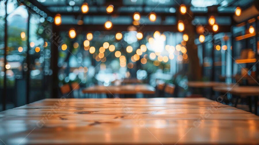 Mesa de madeira em café com luzes bokeh laranja e ambiente aconchegante