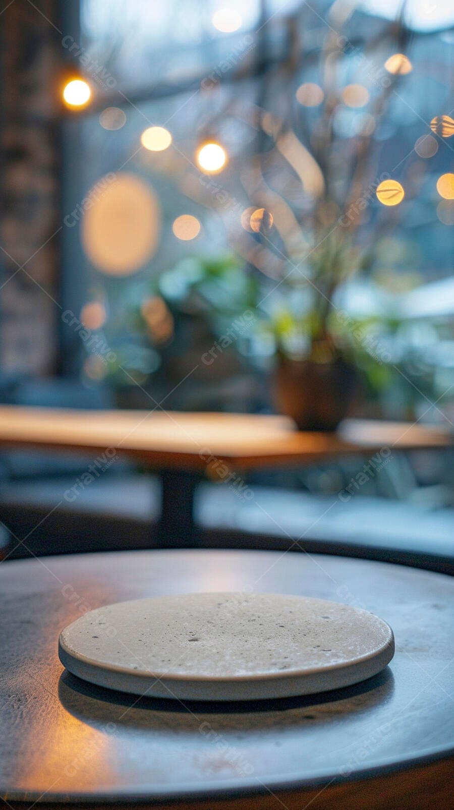 Base de concreto redonda em mesa escura de café com luzes bokeh no fundo