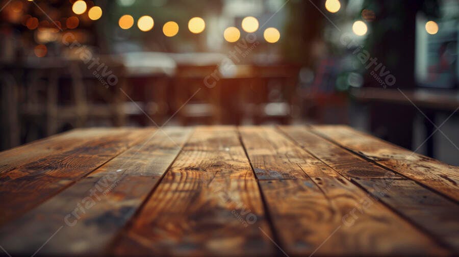 Mesa de madeira rústica com luzes bokeh em café aconchegante