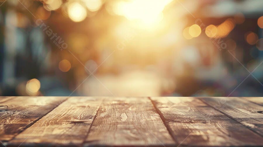 Mesa de madeira rústica com fundo bokeh dourado luz solar