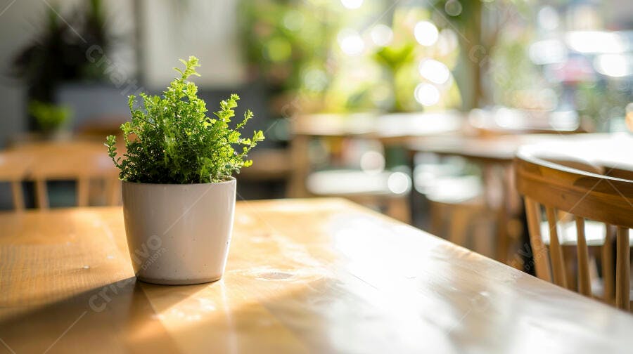 Planta verde em vaso branco sobre mesa de madeira em café iluminado pelo sol