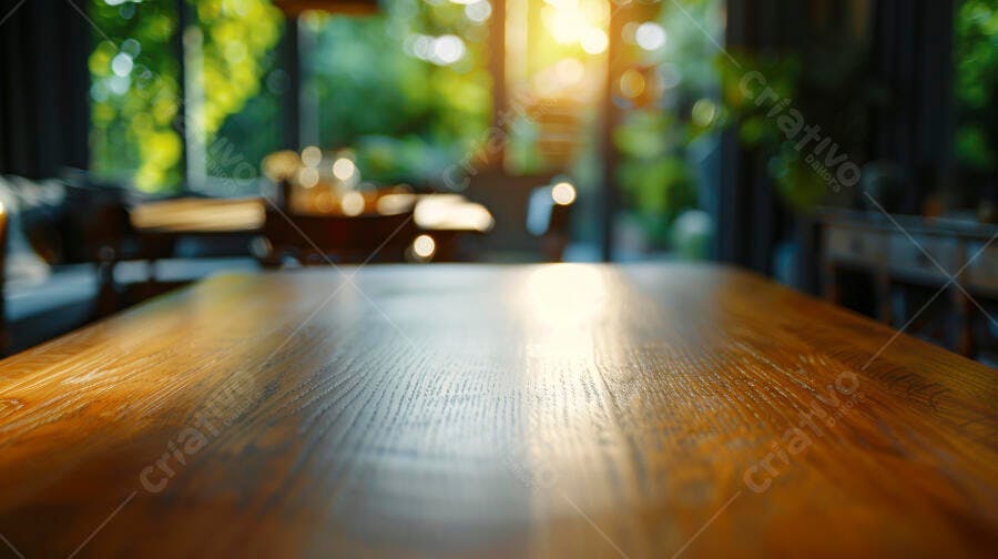 Mesa de madeira em café com luz solar e fundo verde desfocado