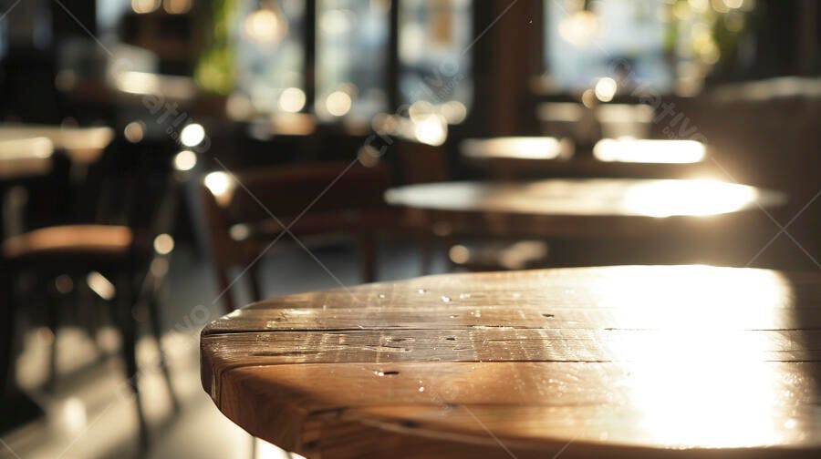 Mesa de madeira rústica iluminada com luz solar em cafeteria aconchegante