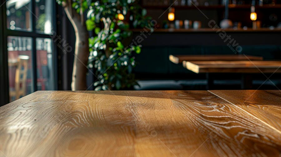 Mesa de madeira vazia em café moderno com luz natural