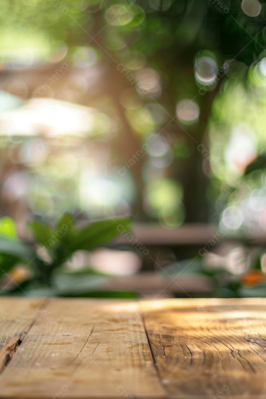 Mesa de madeira rústica em jardim com fundo desfocado verde e luz natural